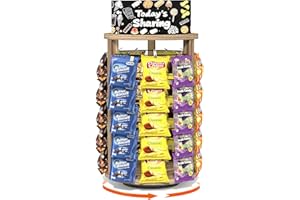 Yoimori 5 Tier 50 Clips 360°Rotating Snack Organizer, Wooden Chip Rack Display Stand - Chip Bag Holder Candy Display with Message Board for Countertop Home Office Party Retail Concession Stand