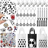 WinnerWhy 168 Pcs Soccer Party Gift Supplies Set Bulk, 24 Mini PU Foam Soccer Balls, Non Woven Bags, Keychain, Hairbands, Necklace, 48 Stickers Goodie Bag Fillers for Sports Birthday Decors Gifts
