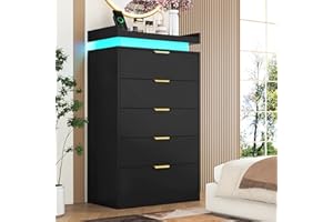 knoworld Tall Dresser for Bedroom, Black Dresser with LED Lights, Wood 5 Drawer Chest with Power Outlet, Modern Chest of Drawers for Bedroom, Living Room, Entryway, Hallway