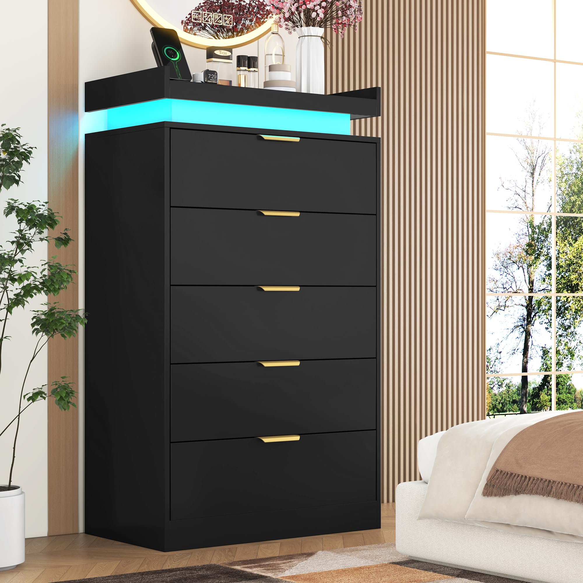 Photo 1 of knoworld Tall Dresser for Bedroom, Black Dresser with LED Lights, Wood 5 Drawer Chest with Power Outlet, Modern Chest of Drawers for Bedroom, Living Room, Entryway, Hallway