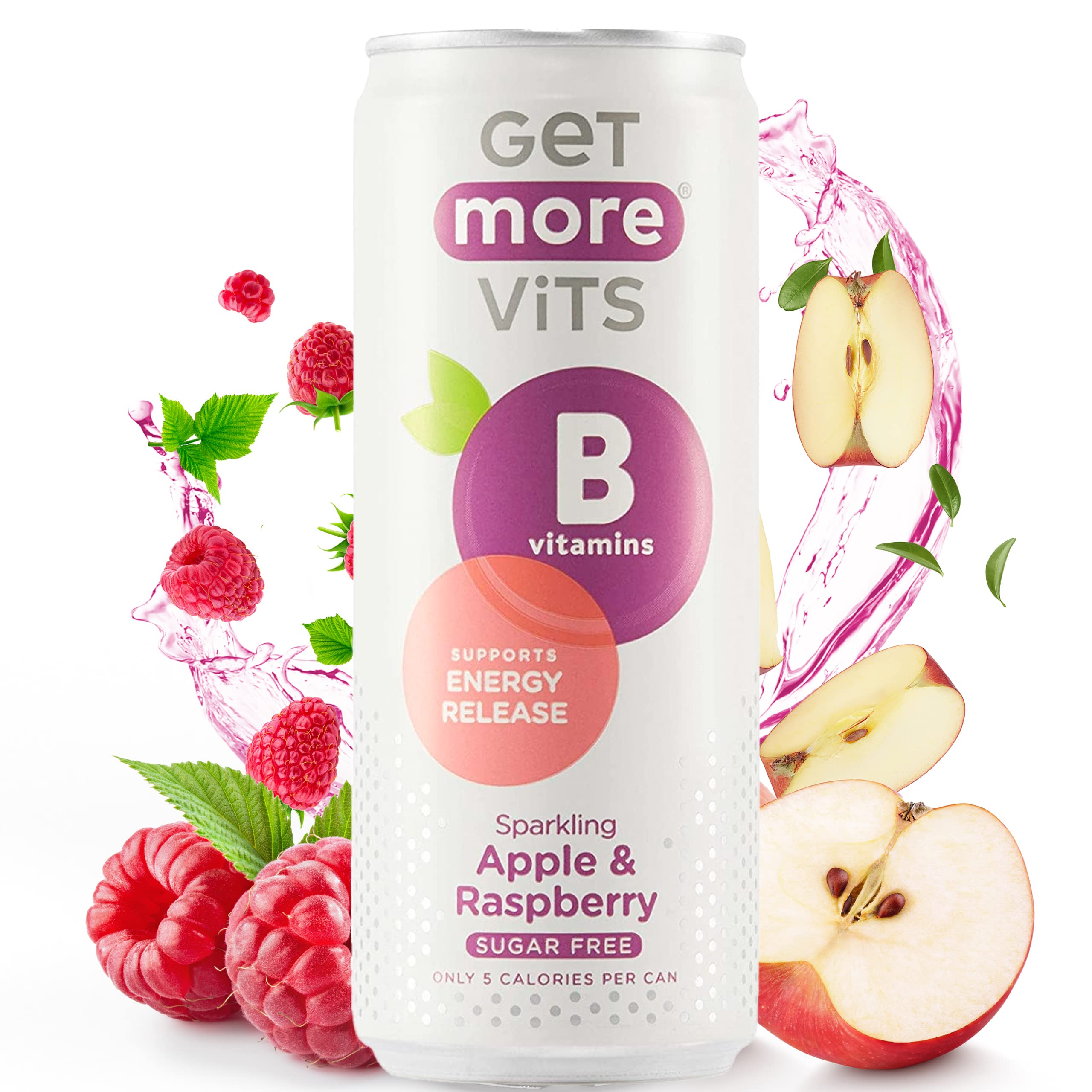 Get More Vits - B Vitamins Sparkling Apple & Raspberry Flavoured Spring Water (12 x 330ml), Supports Energy Release, Tackle Tiredness & Fatigue, Natural Flavours, Sugar Free, Low Calorie, Vegan