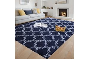 POBOTON Navy Blue Carpet for Living Room Soft Luxury Bedroom Large Fluffy Plush Area Rug Shaggy Big Comfy Carpet (2X3 Feet, Navy Blue/White)