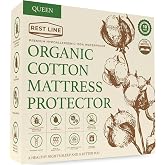 Queen Size 60x80&rdquo; Premium 100% Organic Cotton Waterproof Mattress Protector, Hypoallergenic, Cooling Mattress Pad Cover, Soft &amp; Breathable Fitted Sheet Style up to 18" Deep - Rest Line