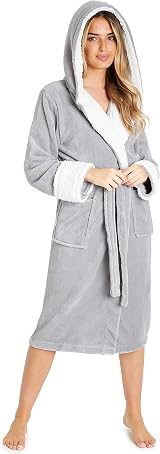 CityComfort Ladies Hooded Dressing Gown Sherpa Hood Plush Bathrobe M Grey view 1