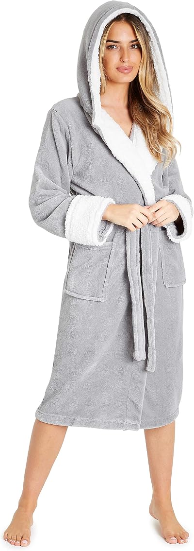 CityComfort Ladies Hooded Dressing Gown Sherpa Hood Plush Bathrobe M Grey