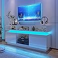 chartustriable LED TV Stand for 75 Inch TV, Modern Tall Entertainment Center with Storage, High Gloss Gaming TV Media Console with Glass Shelf for Living Room, 63 Inch, White