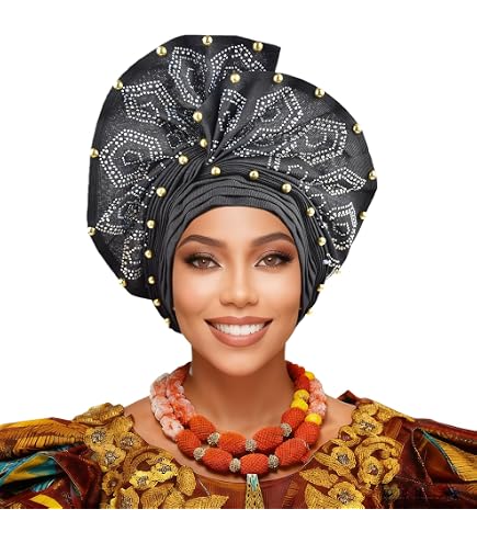 3807 Nigerian Gele Headties With Beads And Stones African Headtie Head Wrap Silver with Beads Auto Gele Nigeria Headtie... - Fabrics USA INC main image 2