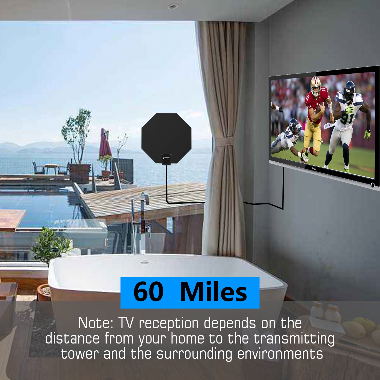 TV Antenna, LENPOW Best Indoor 1080P Amplified Digital TV Antenna 60 Mile Range with Detachable Amplifier Signal Booster, USB Power Adapter, 16.5Ft High Performance Coaxial Cable, Black