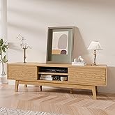 TOLEAD 59" TV Stand, Mid Century Modern Television Stand for 43/55/65 inch TV, Low Profile TV Console with Fluted Sliding Doors, Boho Light Wood Credenza for Living Room, Oak
