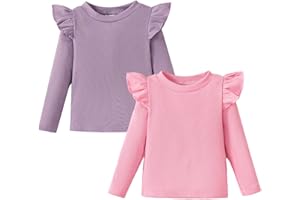OPAWO Toddler Girl Shirts Ruffled Long/Short Sleeve Baby Tee Tops, Ribbed Toddler Girl Blouse, Baby Girl Clothes 2-Pack, 1-6T