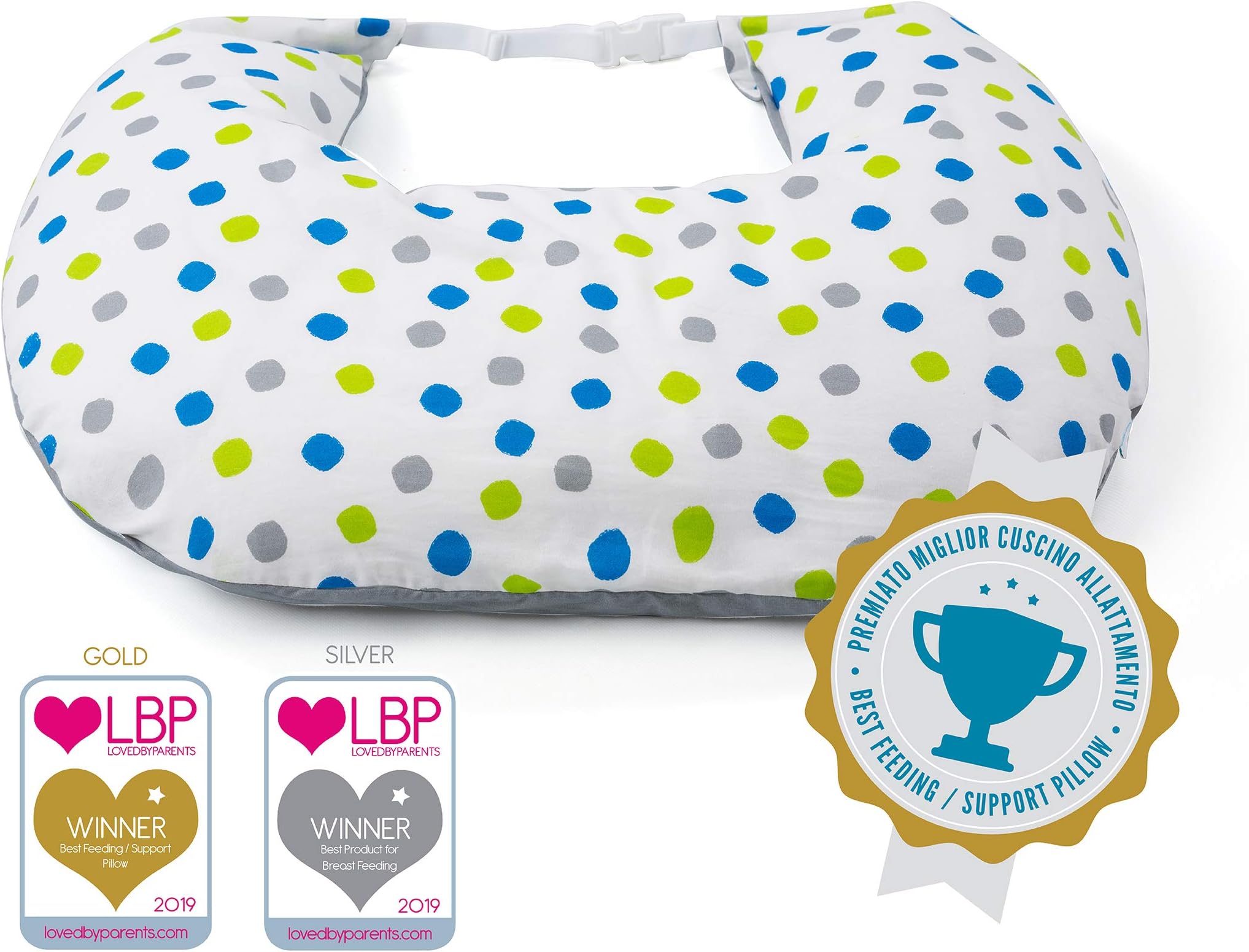 Nuvita FeedFriend 5300 Nursing Pillow - Baby Pillow Ideal for Breastfeeding - Innovative Hands-Free Lock Function - Filled with Microbeads – Anallergic – BPA and Phtalates Free - EU Brand (Big Dots)