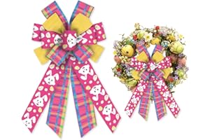 Alibbon Large Easter Bows for Wreaths, Easter Wreath Bows, Easter Bunny Easter Egg Bows for Front Door, Easter Decor, Colorful Buffalo Plaid Burlap Bows for Spring Wreath Indoor Outdoor Decoration