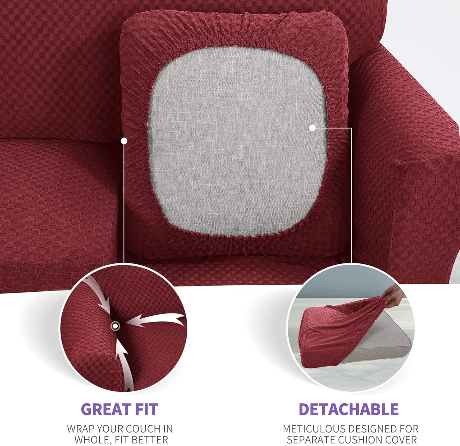 ZNSAYOTX 2 Piece Jacquard Chair Slipcover for Living Room Super Stretch Chair Covers with Arms Pet Dog Universal Slip Cover Anti Slip Armchair Furniture Protector (Chair, Wine Red): Kitchen & Dining