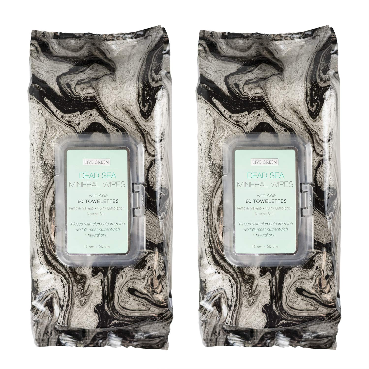 Live Green - 2 Pack (60 Count Each) Dead Sea Mineral Facial Cleansing Wipes