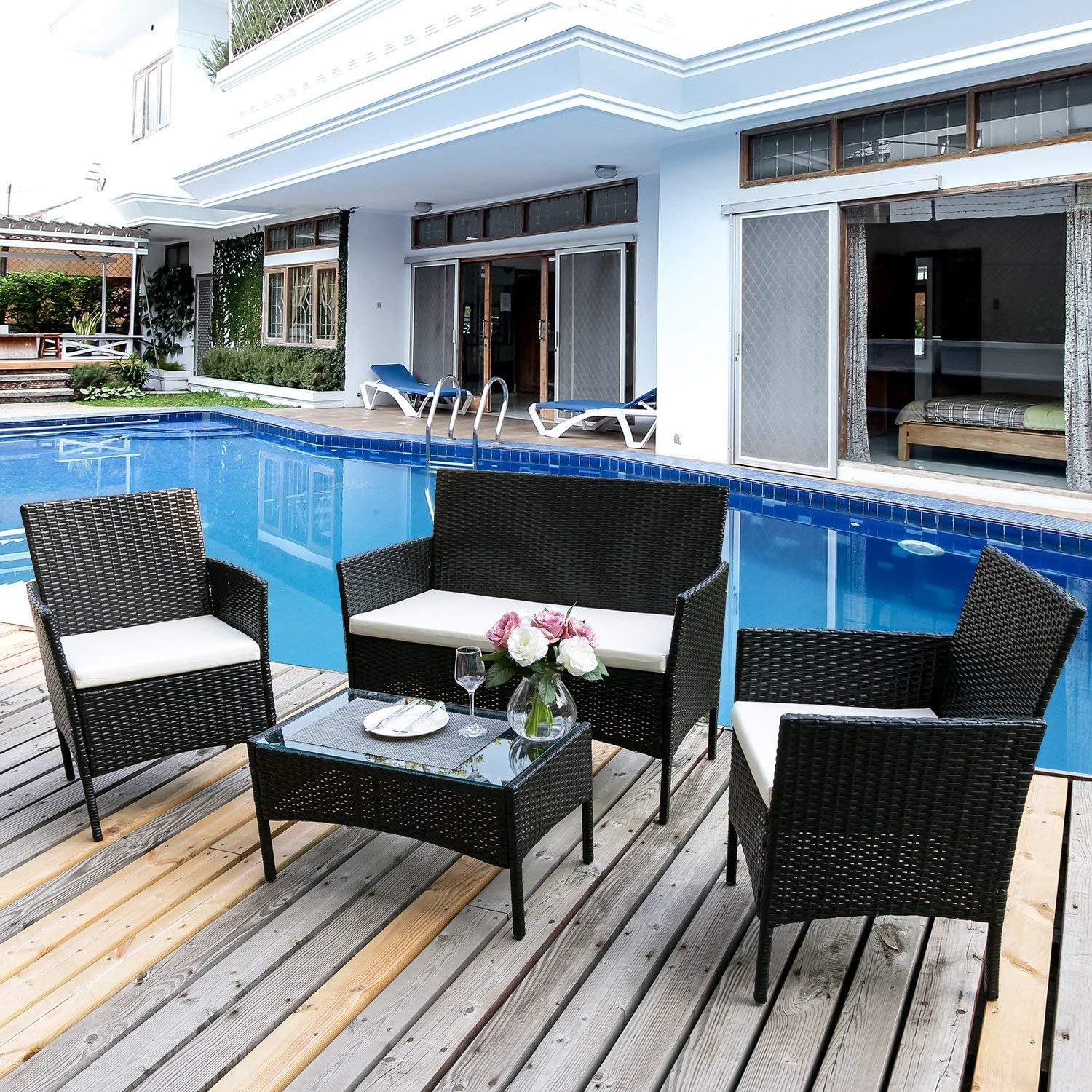 Leisure Zone Garden Rattan Furniture Set Outdoor Indoor Conservatory 4 piece Set Table Sofa Chairs (Black)