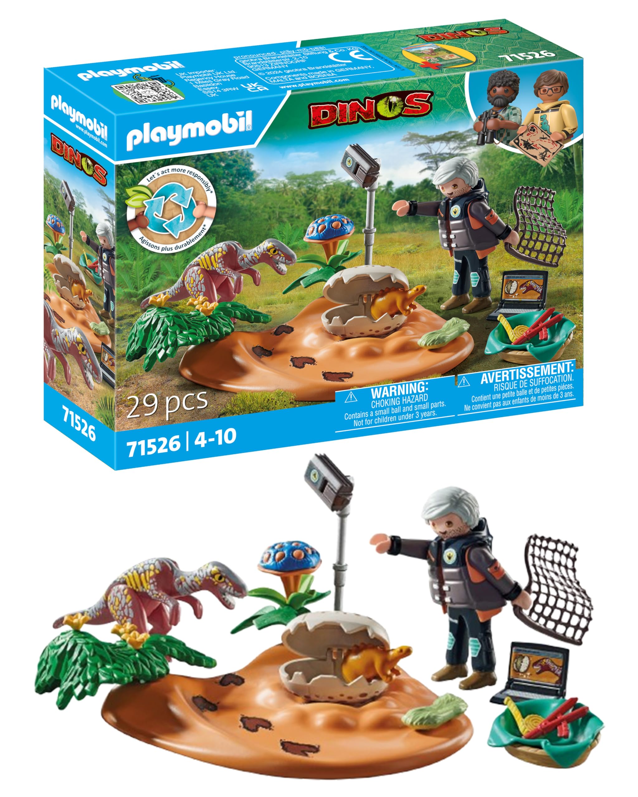 Playmobil 71526 Dinos: Stegosaurus Nest with Egg Thief, protecting dinosaur eggs from the Velociraptor, including net, measuring tape and camera, sustainable play sets suitable for children ages 4+