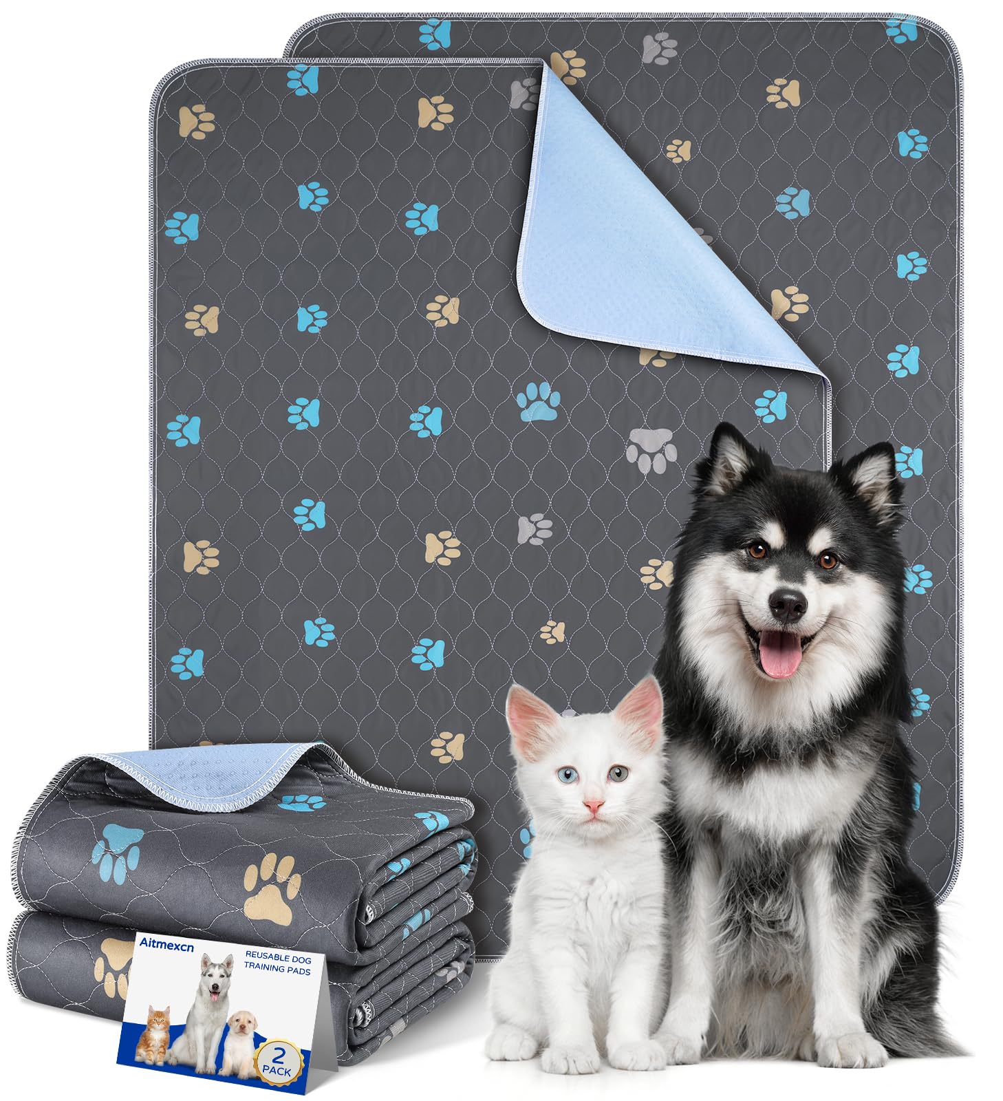 Aitmexcn Washable Puppy Pads - 2 Pack Non-slip and Leak-Proof Pee Mat, Absorbent Reusable for Floor Protector, Couch Cover, Crate, Potty Training (45 X 60 cm)