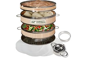 THREE WAY CUT 2-tier 12" Bamboo Steamer with Reinforcement & Handle, Reusable Silicone Liner & Accessories Kit For Cooking Dumpling, Baby Bao Bun, Dim Sum, Rice Potsticker Steaming Chinese Asian Food & Vegetables