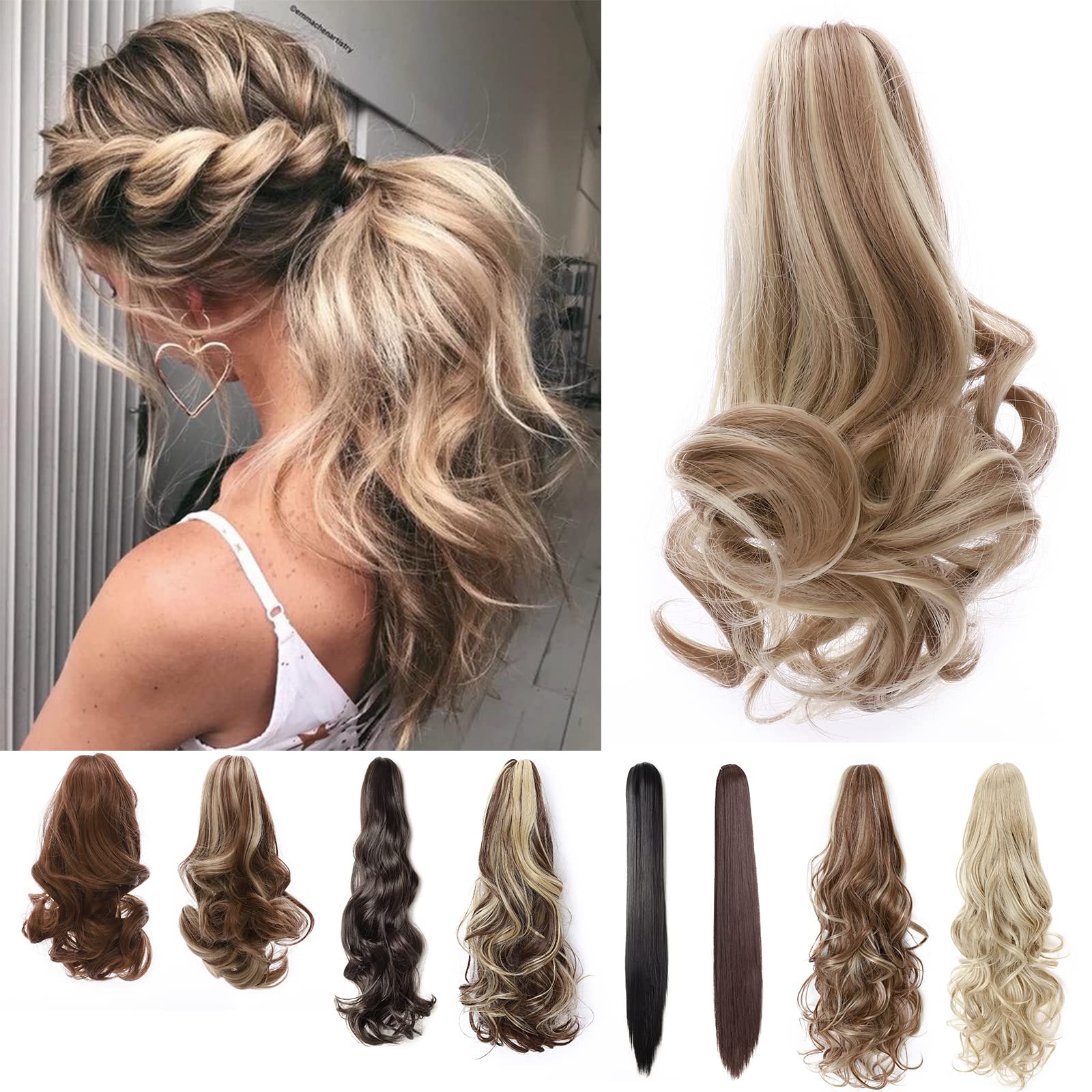 Long Short Claw Ponytail Hair Extension One Piece Cute Clip in on Ponytail Jaw/Claw Synthetic Straight Curly Hairpieces 12" Curly Sandy Blonde & Bleach Blonde