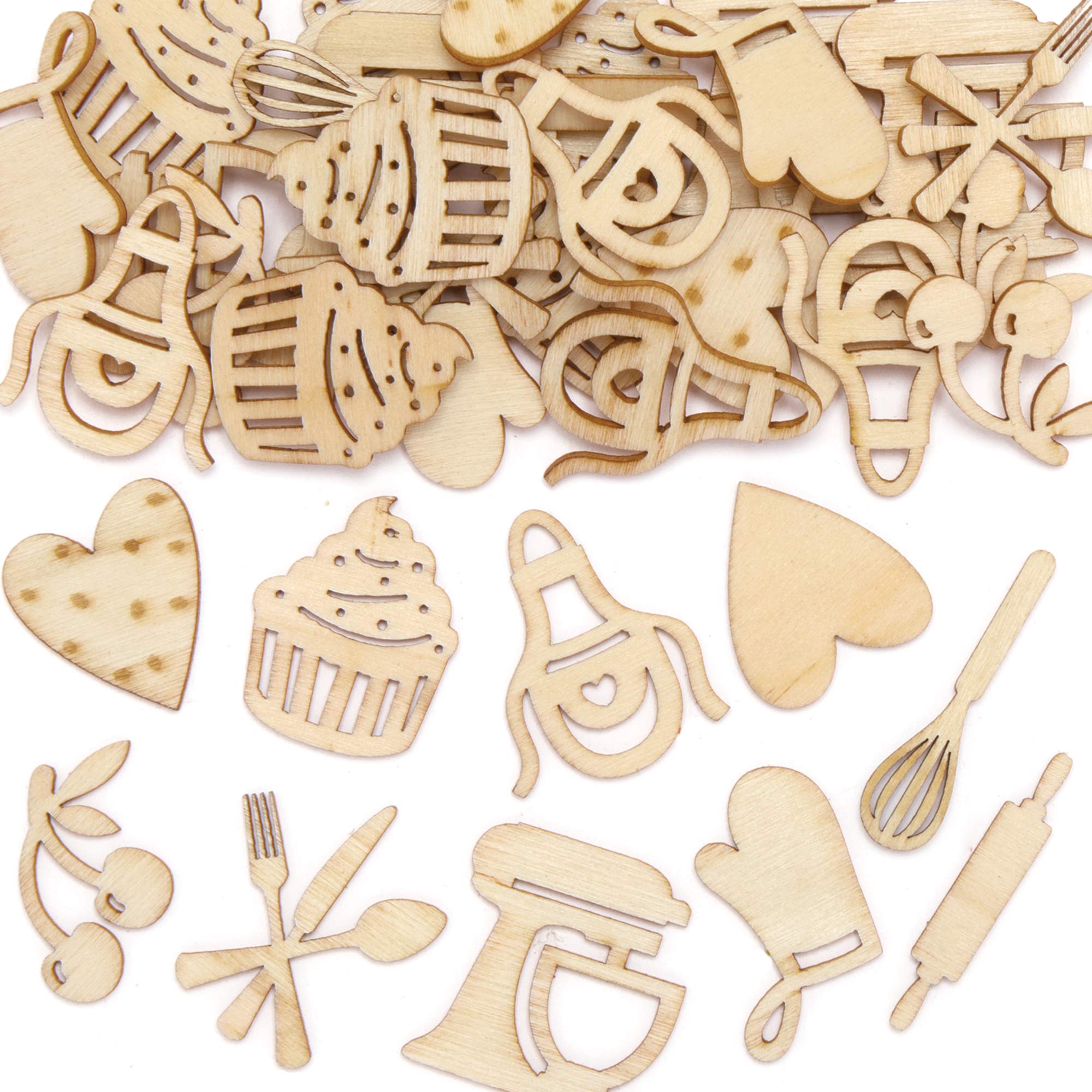 Baker Ross AX892 Baking Mini Shapes - Pack of 72, Woodcrafts for Kids to Design, Paint, Decorate and then Use for Embellishments or Card Crafts