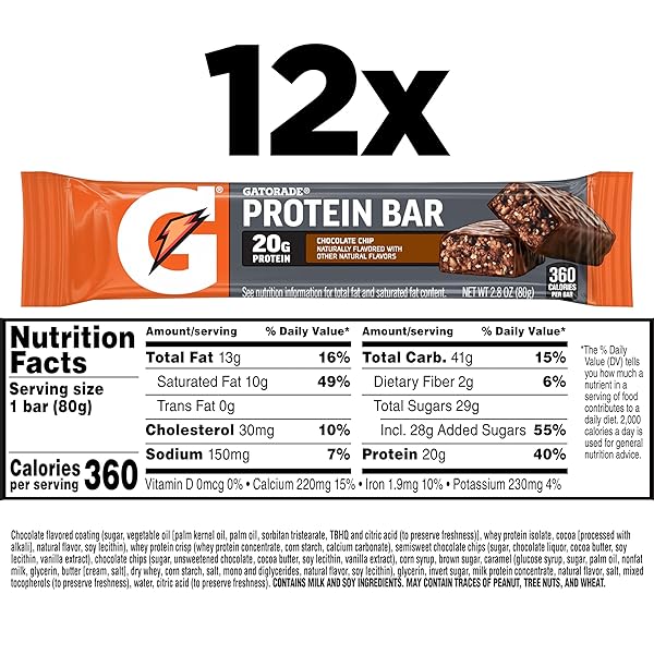 GATORADE WHEY PROTEIN RECOVER BARS, CHOCOLATE CHIP, 2.8 OUNCE(PACK OF 12)