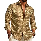 Barry.Wang Mens Casual Long Sleeve Shirts Silk Button Up Novelty Paisley Formal Dress Shirt Western Mexico Cowboy