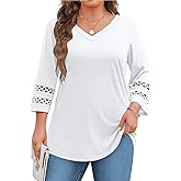 IN'VOLAND Womens Plus Size Tops 3/4 Length Sleeve Shirts Dressy Casual V Neck T Shirts Loose Summer Business Work Blouses