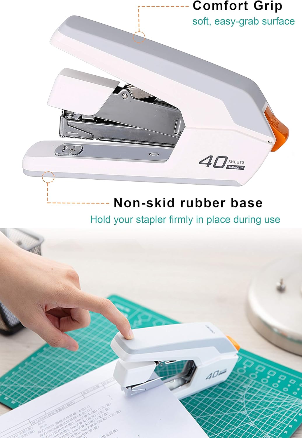 Deli Effortless Desktop Stapler, 40-50 Sheet Capacity, One Finger Touch Stapling, Easy to Load Ergonomic Heavy Duty Stapler, Includes 1500 Staples and Staple Remover : Office Products