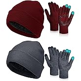 Geyoga 4 Pcs Winter Warm Beanie Touchscreen Gloves Set Soft Skull Cap Warm Fleece Lined Ski Hat Set Knit for Men