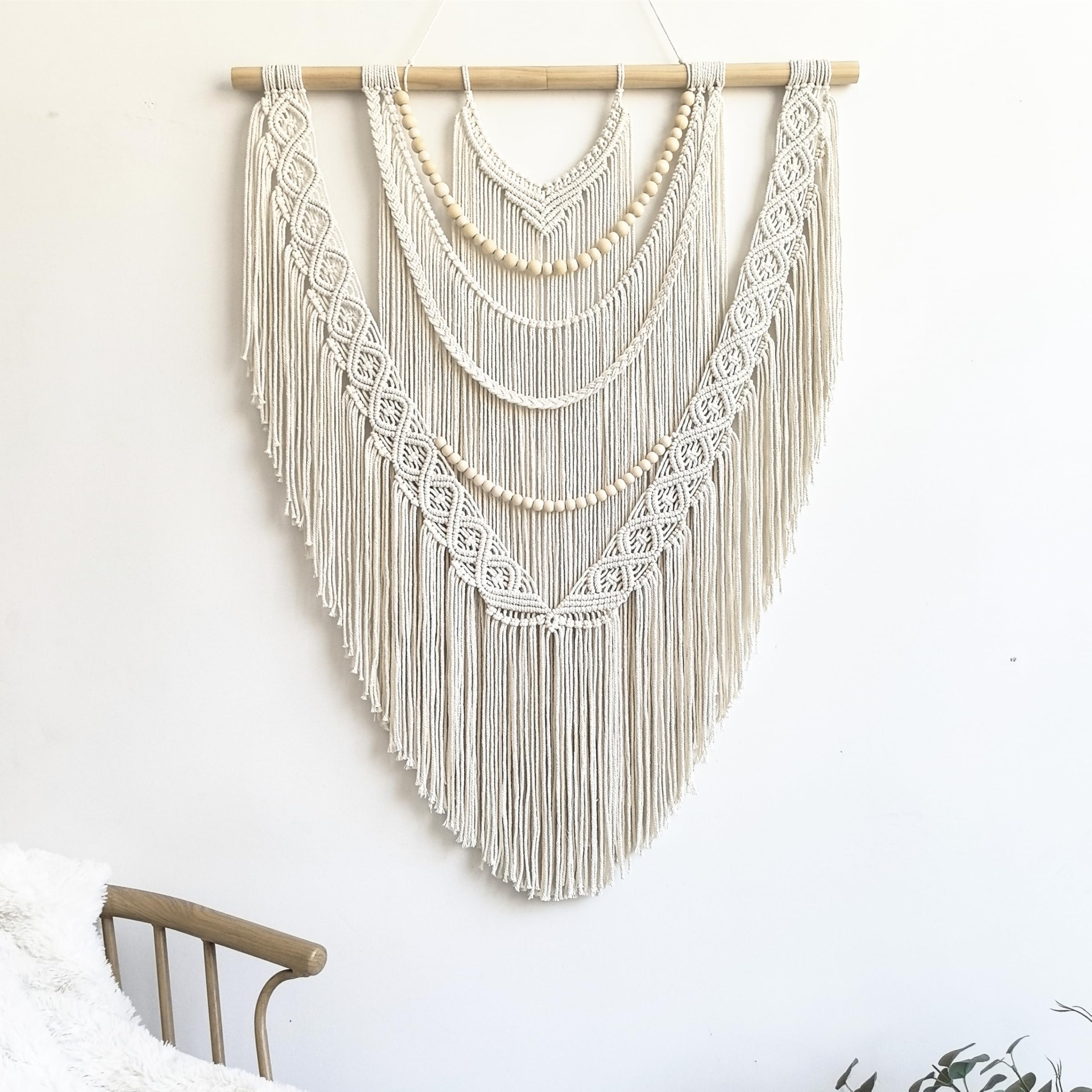 Photo 1 of guzhiou Large Macrame Wall Hanging, 27'' W x 36'' L Boho Art Tapestry Wall Decor for Urban entryway,Living Room,Bedroom Decor, headboard Woven, Big Fiber Art Over Couch (Wood Bead)
