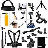 Luxebell® Zubehör Kit für Sony Action Cam HDR-AS15 / AS20 / AS30V / AS100V / AS200V / Sony Action Cam HDR-AZ1 Mini Sony FDR-X1000V / W 4K-Kameras, Helm Schlaufenhalterung + Handheld Monopod ausdehnbarer Teleskop Pole + Brustgurt Berg + Floating-Handgriff-Griff + Fahrrad-Lenkstange-Einfassungs-Halter + Car Saugnapf + Flexible Stativ + Aufbewahrungstasche