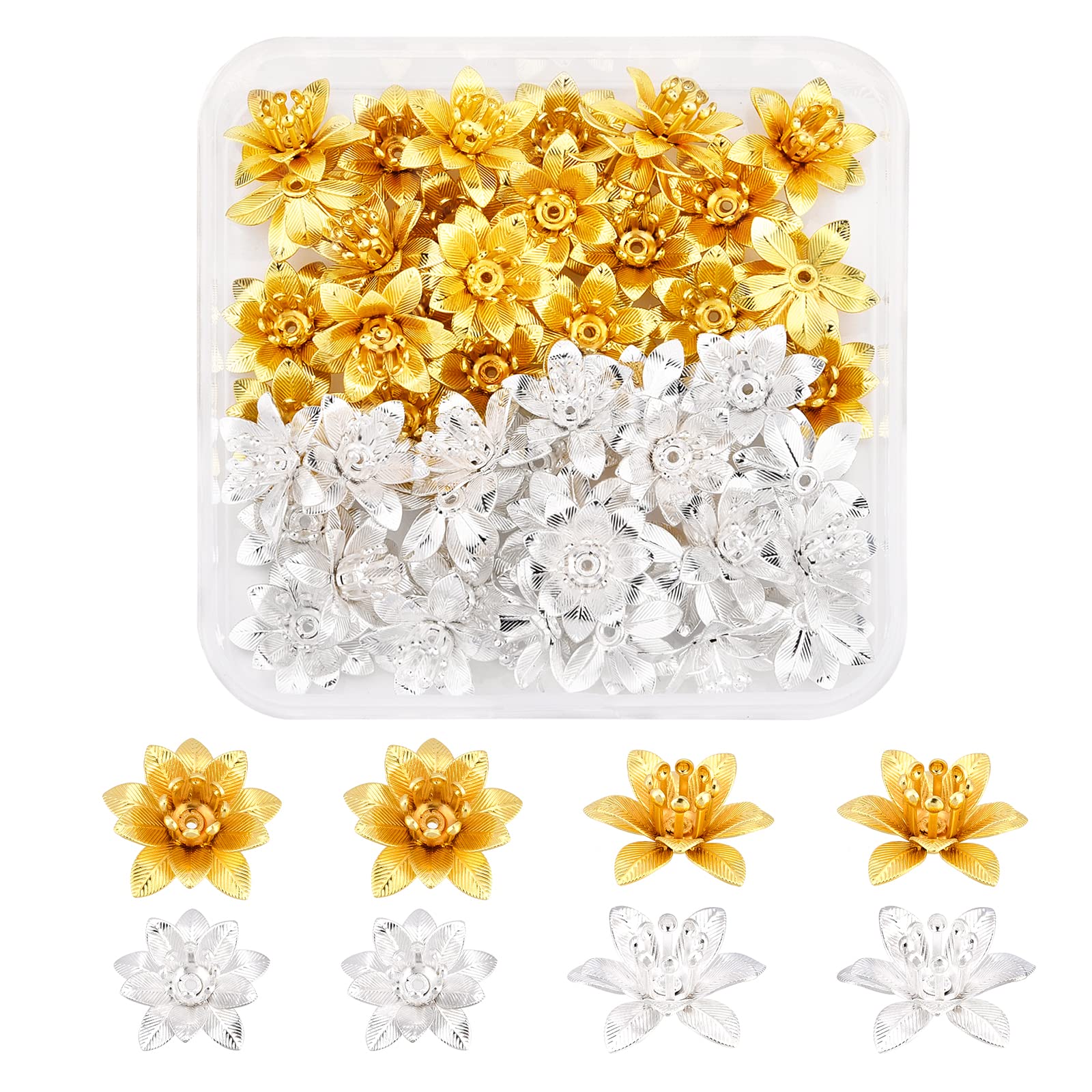 SUPERFINDINGS 48Pcs 2 Colors Flower Brass Bead Caps 3D Brass Bead Caps 16x6.5mm Multi-Petal Filigree Spacer Bead for Bracelet Necklace Jewelry Making