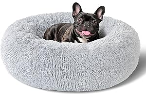 KIMPETS Dog Bed Calming Beds for Small Medium Dogs - Round Donut Washable Dog Bed, Anti-Slip Faux Fur Fluffy Donut Cuddler Anxiety Cat Bed(Light Grey 24")