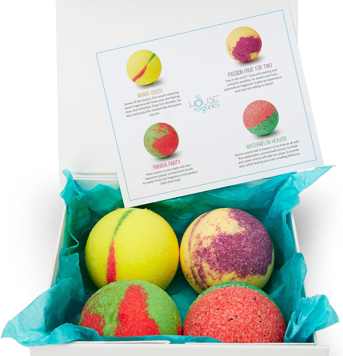HOUSE OF ORGANICS - Luxury 100% Organic Bath Bomb Gift Set - 4 Large Handmade Bath Bombs Packed With Essential Oils - Presented in a Beautiful Gift Box - The Exotic Collection