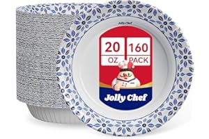 JOLLY CHEF 160 Count Paper Bowls 20 oz Soak Proof, Heavy Duty Printed Disposable Bowls Bulk for Dinner or Lunch