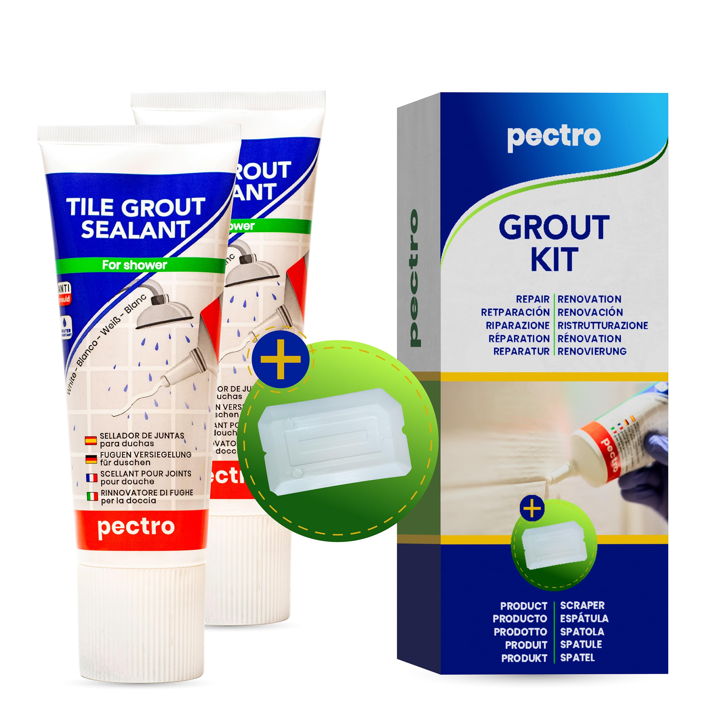 PECTRO Grout KIT x 2 Tile Grout Sealant + 2 Scraper | Tile Joint Repair for Shower - Fill and Bleach | Forget About Cracks in Shower Joints | Waterproof (6,62oz - 200ml) (KIT x 2)