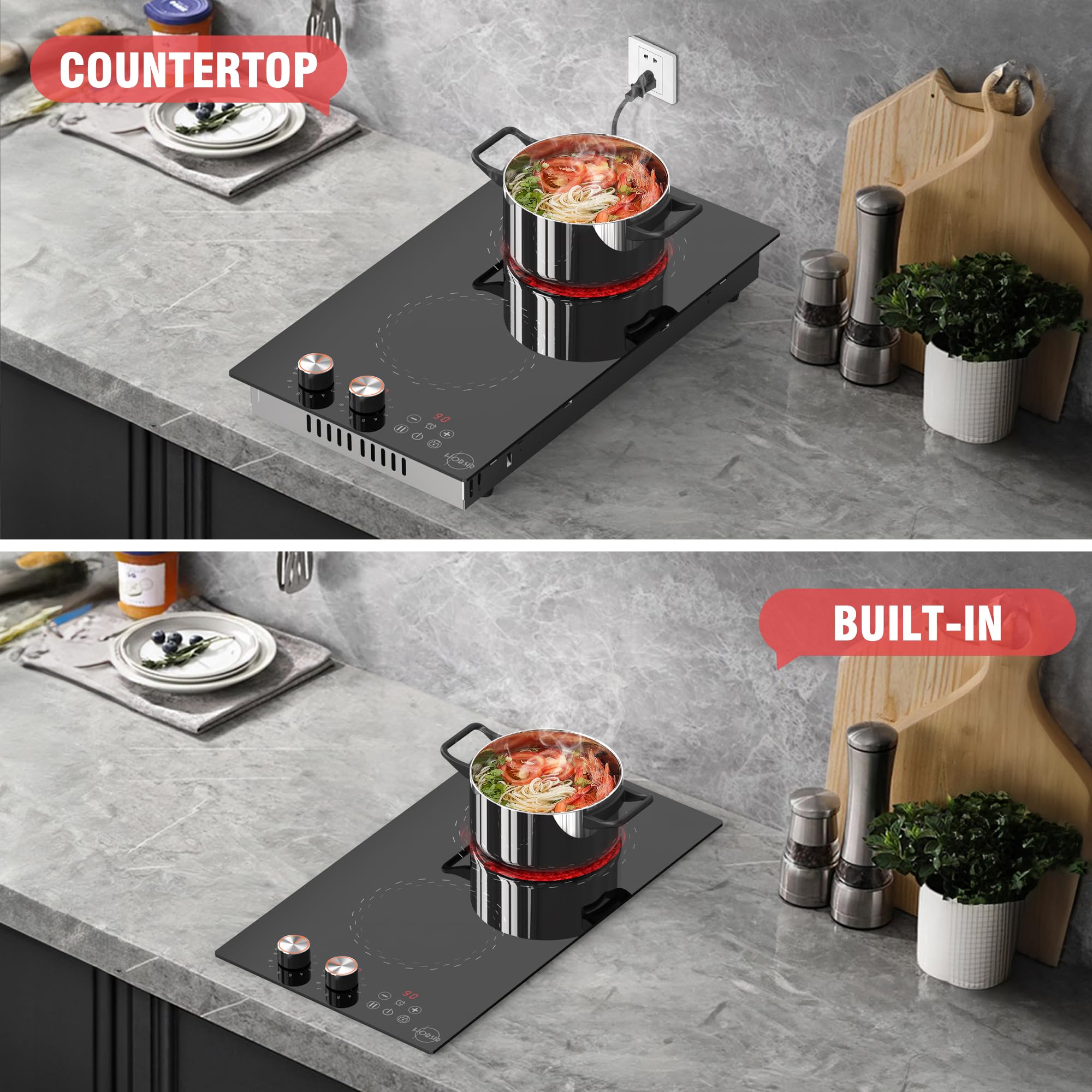 Plug-in 2 Burner Electric Cooktop, 120v Knob Electric Stove Top, 12 Inch Built-in Radiant Electric Stove 110v, Electrics Ceramic Cooktop with Child Safety Lock, Timer, Over-Temperature Protection