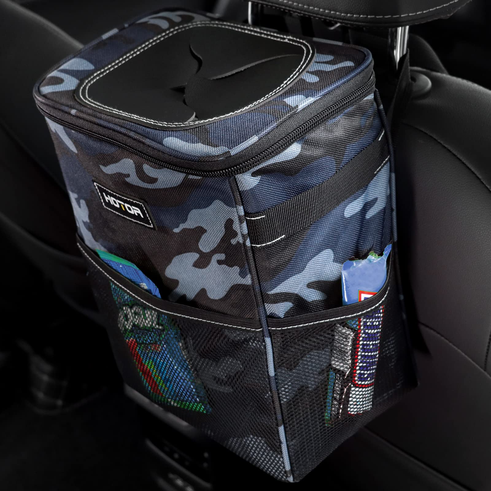 HOTOR Car Trash Can with Lid and Storage Pockets - 100% Leak-Proof Organizer, Waterproof Garbage Can, Multipurpose Trash Bin for Car, 2 Gallons, Camouflage Blue