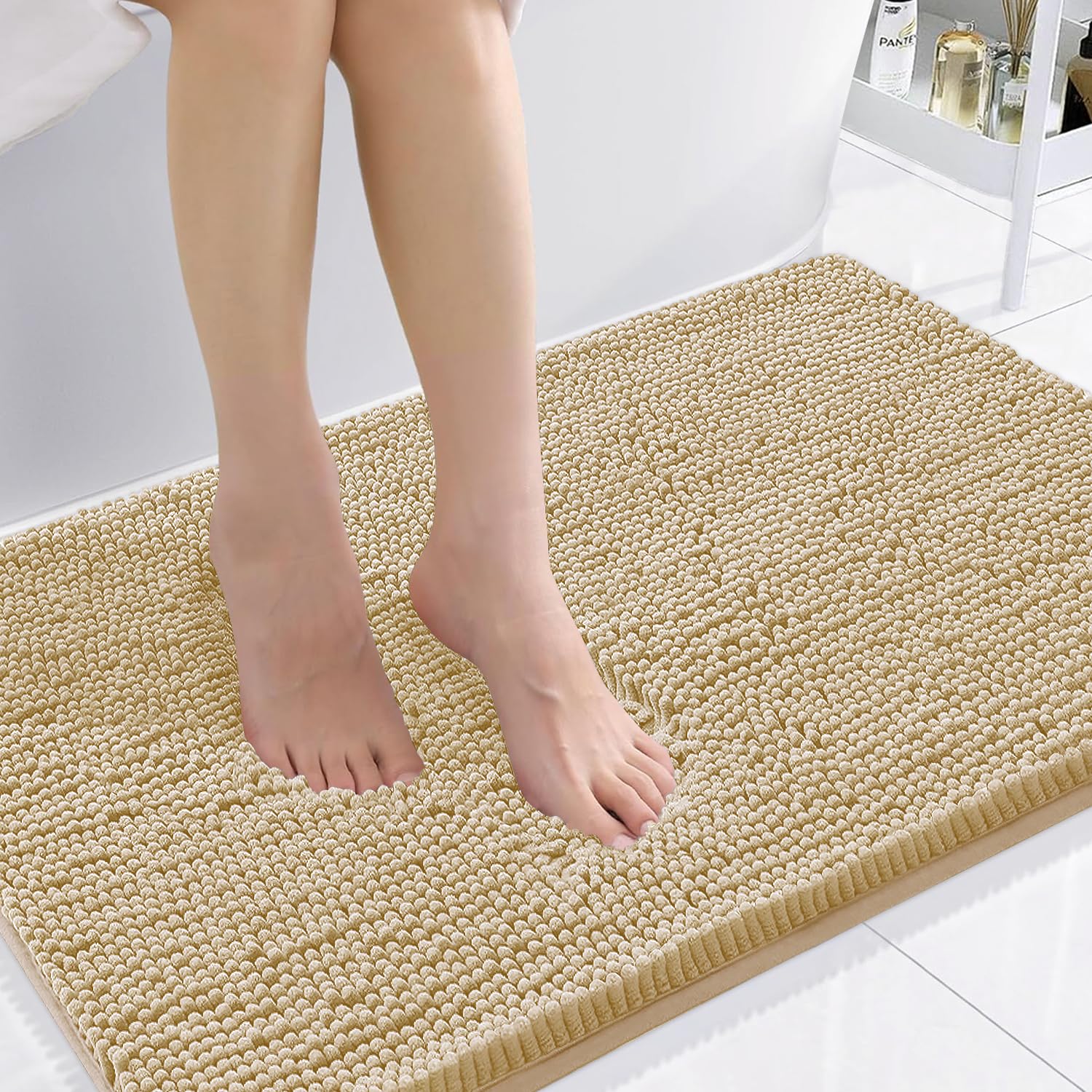 Photo 1 of Smiry Luxury Chenille Bathroom Rugs 36x24, Extra Soft and Absorbent Shaggy Bath Mat, Machine Washable, Non-Slip Plush Carpet Runner for Tub, Shower, and Floor, Home Decor Accessories, Beige