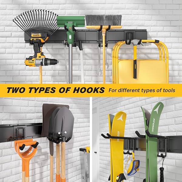 UUP 32 INCHES GARAGE STORAGE, GARAGE ORGANIZATION, WALL MOUNT GARDEN TOOL ORGANIZER, MAX 300LBS ADJUSTABLE METAL HOOKS, YARD SHED HANGING RACK, HEAVY DUTY SHELVING FOR RAKE BROOM MOP SNOWBOARD