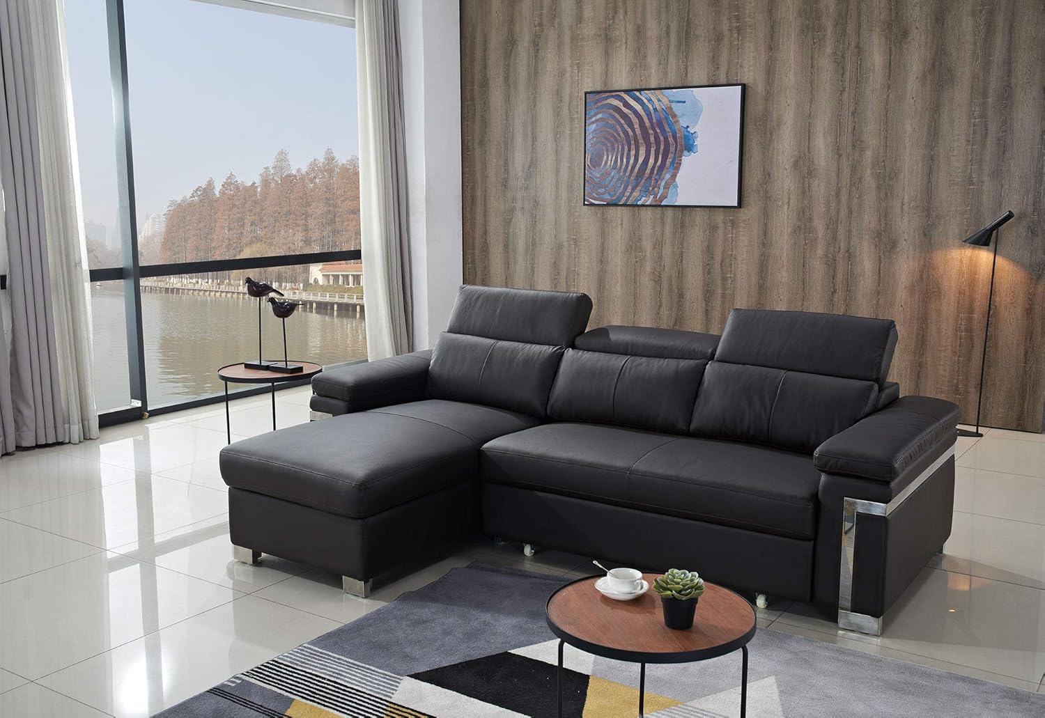 FUNRELAX Black Corner Sectional Sofas Set Leather Pull-Out Futon Couch Sofa Sleeper Bed with Storage Chaise L Shaped Living Room Furniture Set for Small Space,Modern Furniture,Left Facing: Kitchen & Dining