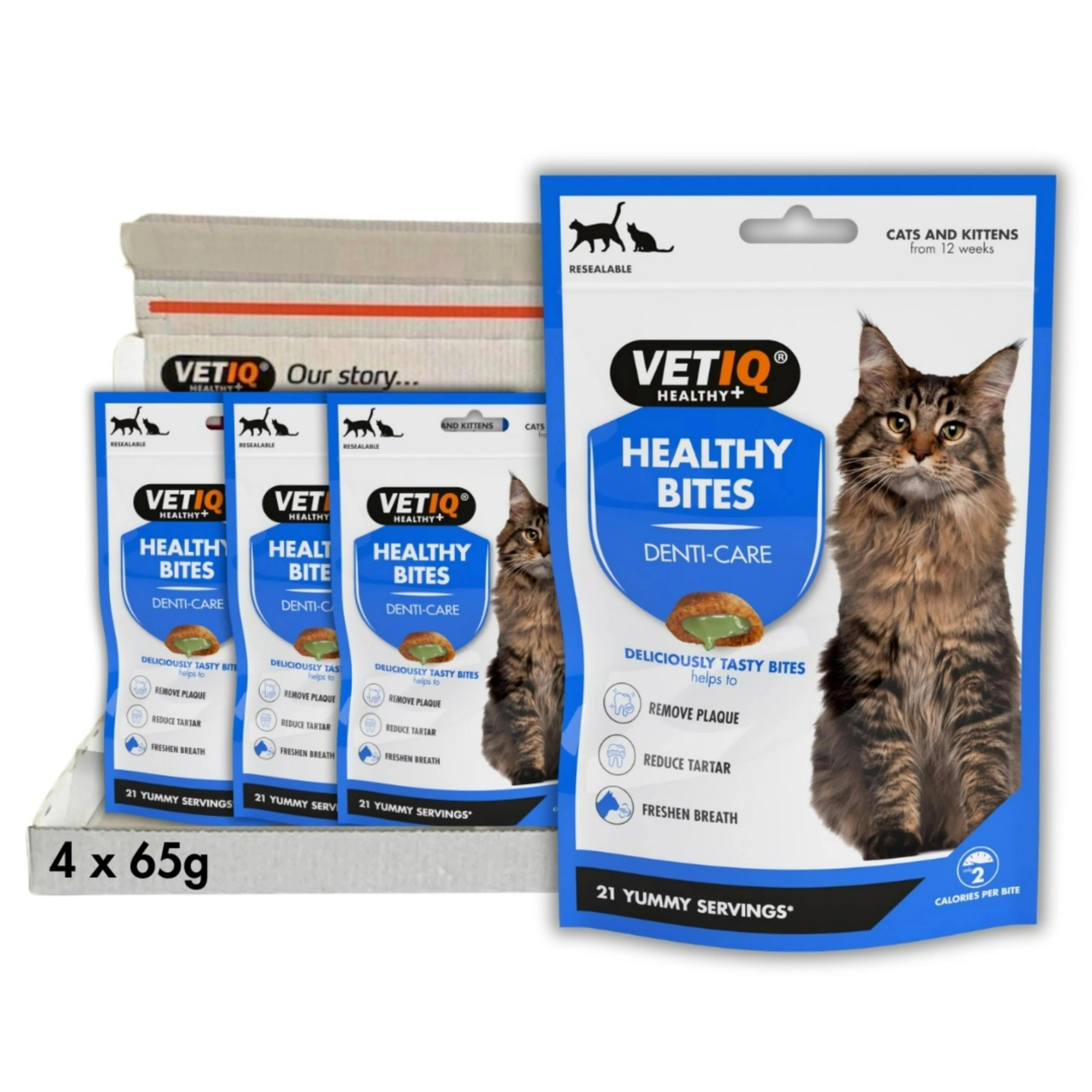 VETIQ Healthy Bites Denti-Care Treats For Cats & Kittens 12+ Weeks, High in Protein, Helps to Reduce & Prevent Plaque & Tartar & Freshens Breath, 65 g (Pack of 4)