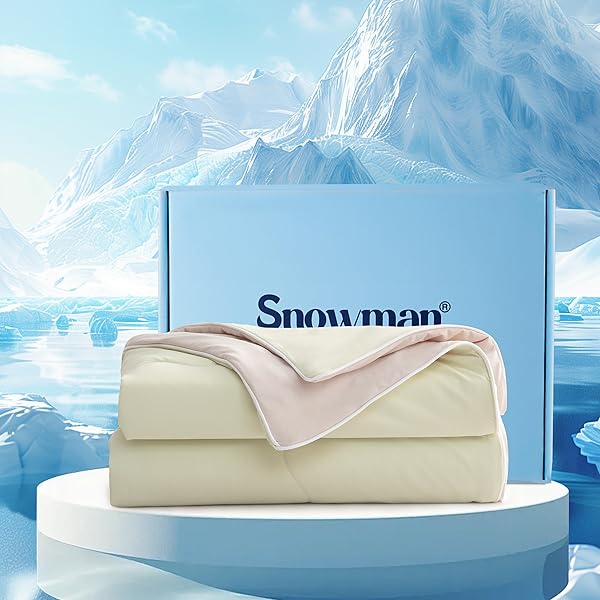 SNOWMAN COOLING COMFORTER QUEEN SIZE DOUBLE-SIDED, SOFT COOLING BLANKET FOR HOT SLEEPERS, COLD TOUCH FABRIC SUMMER QUILT, LIGHTWEIGHT Q-MAX>0.4 SILK SMOOTH (YELLOW GREEN/CREAM, 90″X90″)