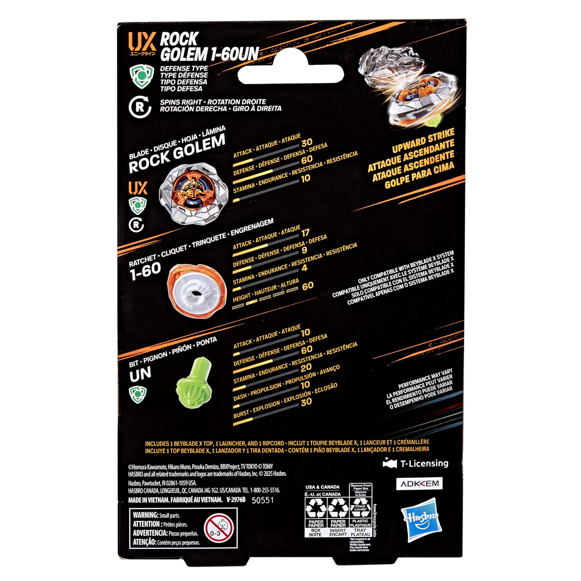 Beyblade X Rock Golem 1-60UN UX Starter Pack Set with Takara Tomy Defense Type Top and Launcher, Battling Tops Game Toys, Ages 8+