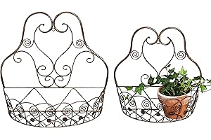 WHW Whole House Worlds French Country Wall Basket for Plants, Set of 2, Crested Arabesque, Curled Iron, Bronze Tone, Garden Pot Holders, 1-15 1/2 x 5 1/2, and 2-12 1/2 x 5 1/2 Inches