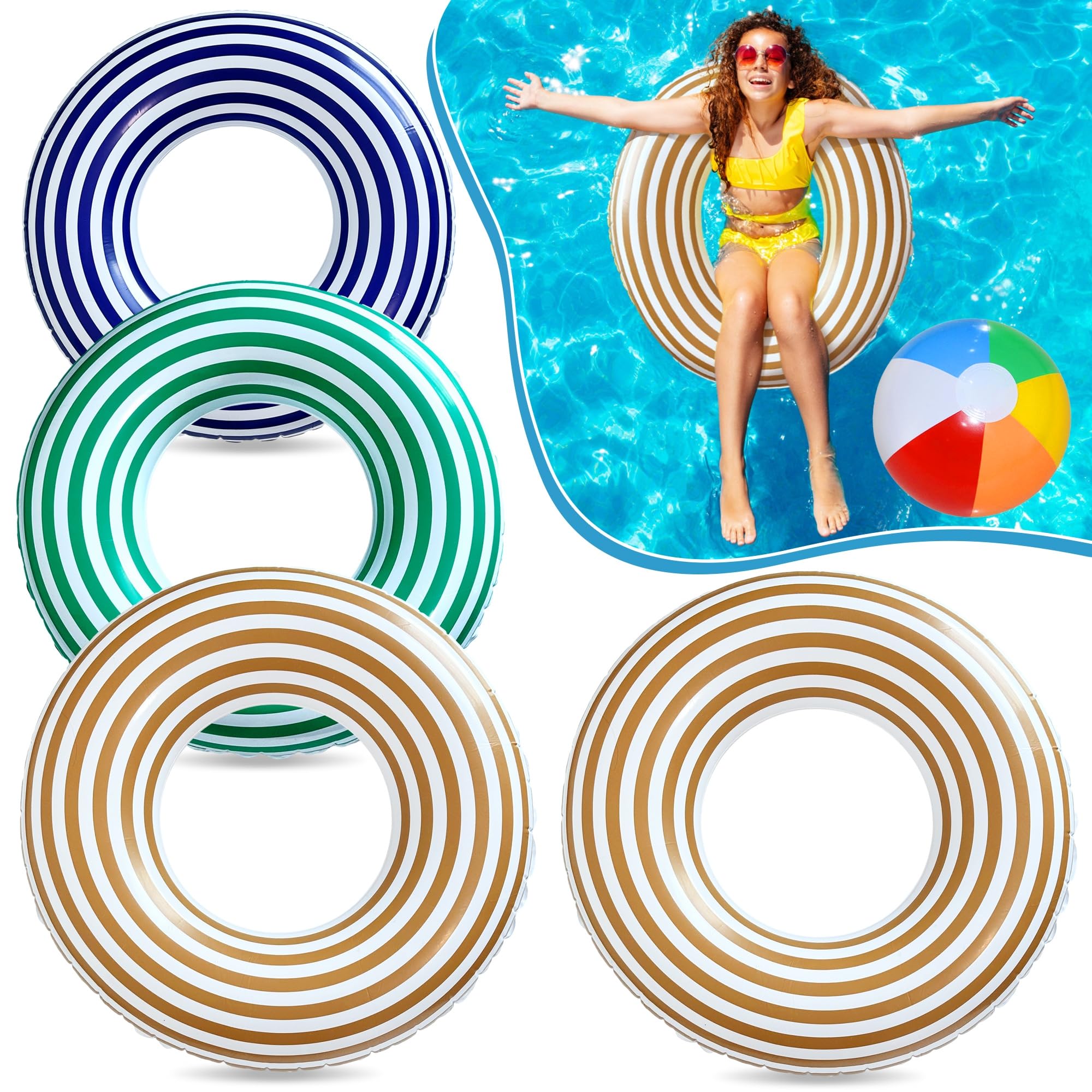 Lubibi Inflatable Pool Floats, Swimming Pool Inflatables, 4pcs Kids Adult Swimming rings(70cm, 80cm, 90cmX2), Swimming Float Fashion Strip Design, Summer Fun for Whole Family
