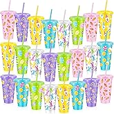 Uiifan 24 Pcs Easter Cups Bulk Plastic Bunny Tumbler with Lid and Straw 24 oz Reusable Easter Cups for Party Supplies Decoration(Vibrant)