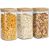ComSaf 1.5L Airtight Glass Storage Jars with Bamboo Lid Set of 3, Clear Food Storage Container Square Kitchen Pantry Storage 