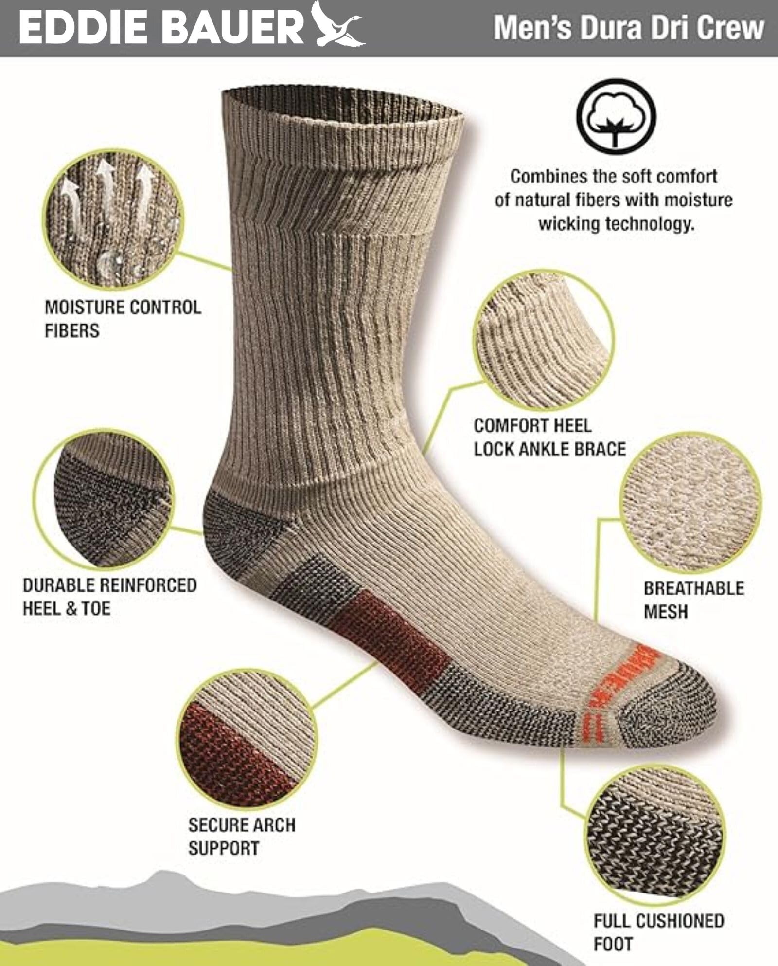 Eddie Bauer Men's Dura Dri Moisture Control Crew Socks, 6 or 12 Pairs