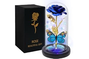 DONODA Rose Flower Gift for Women,Galaxy Glass Rose Crystal Flower Gift Light Up Rose in Glass Dome,Christmas Thanksgiving Valentine's Day Anniversary (Dark Blue (with Butterfly))…